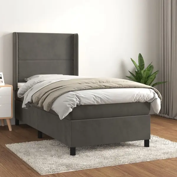 Gossi pat box spring cu saltea, gri inchis, 100x200 cm, catifea