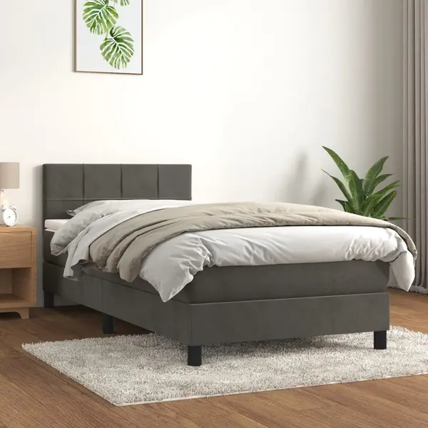Gossi pat box spring cu saltea, gri inchis, 100x200 cm, catifea