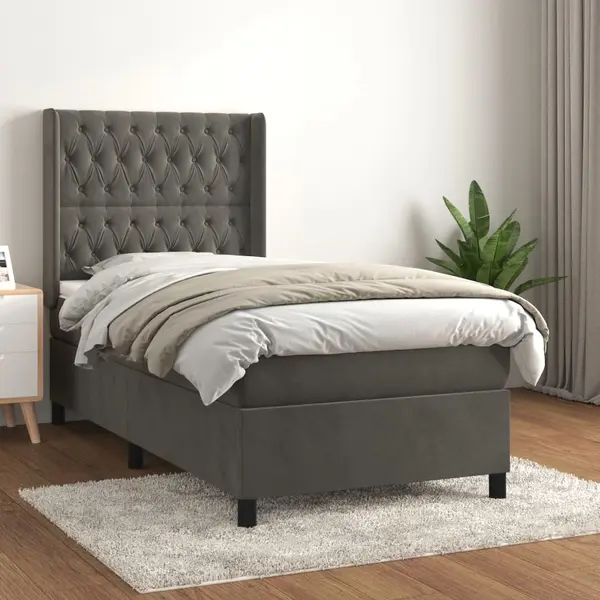Gossi pat box spring cu saltea, gri inchis, 100x200 cm, catifea