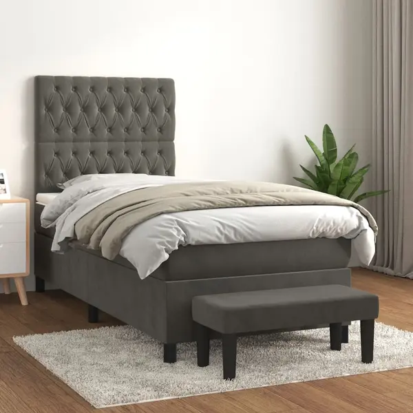 Gossi pat box spring cu saltea, gri inchis, 100x200 cm, catifea