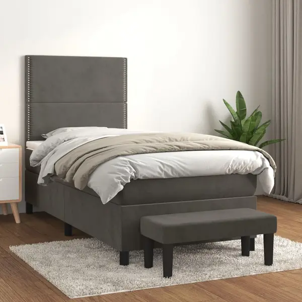 Gossi pat box spring cu saltea, gri inchis, 100x200 cm, catifea