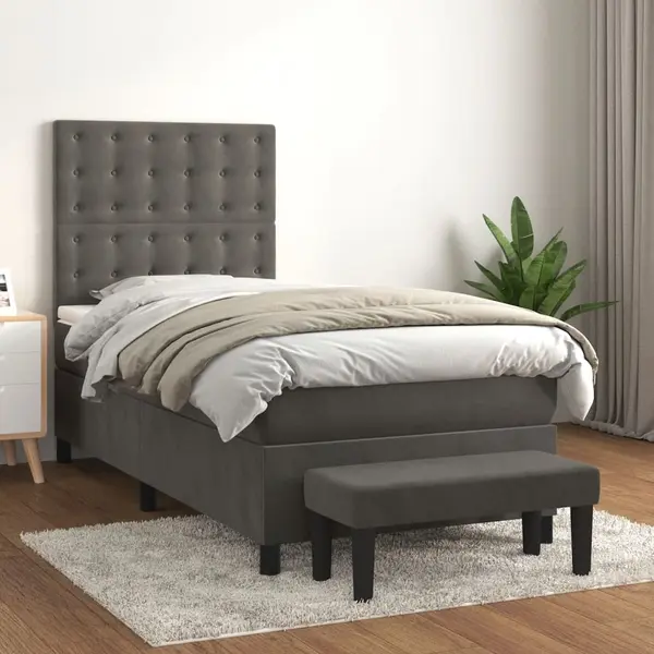 Gossi pat box spring cu saltea, gri inchis, 100x200 cm, catifea