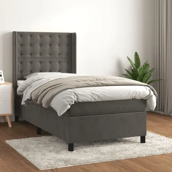 Gossi pat box spring cu saltea, gri inchis, 100x200 cm, catifea