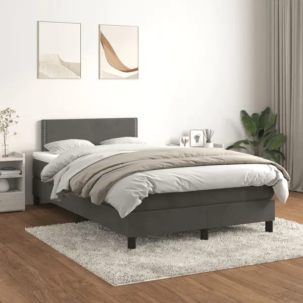 Gossi pat box spring cu saltea, gri inchis, 120x200 cm, catifea