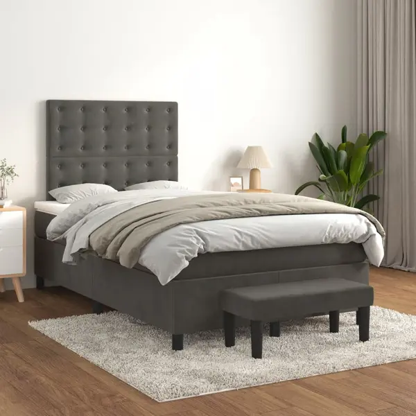 Gossi pat box spring cu saltea, gri inchis, 120x200 cm, catifea