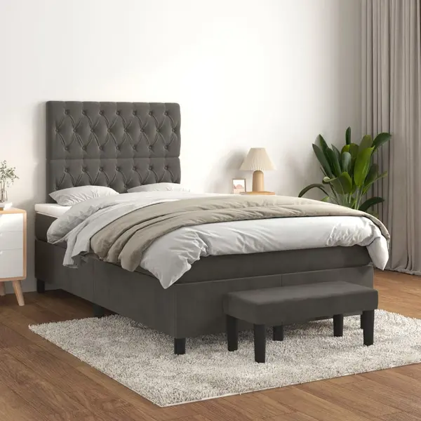 Gossi pat box spring cu saltea, gri inchis, 120x200 cm, catifea
