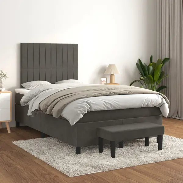 Gossi pat box spring cu saltea, gri inchis, 120x200 cm, catifea
