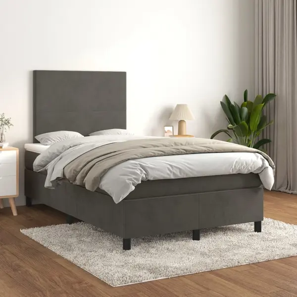 Gossi pat box spring cu saltea, gri inchis, 120x200 cm, catifea