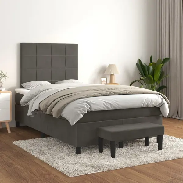 Gossi pat box spring cu saltea, gri inchis, 120x200 cm, catifea