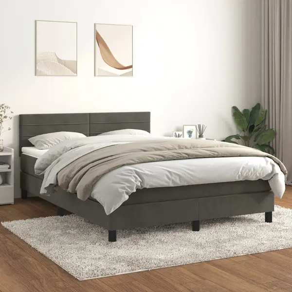 Gossi pat box spring cu saltea, gri inchis, 140x190 cm, catifea