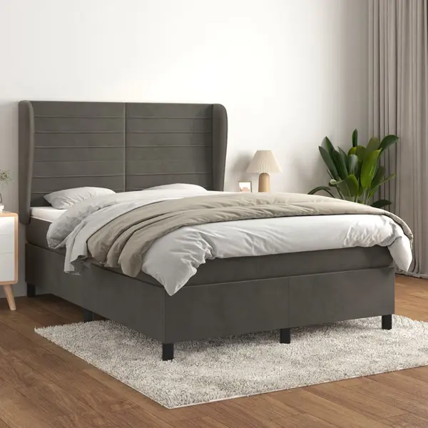 Gossi pat box spring cu saltea, gri inchis, 140x190 cm, catifea