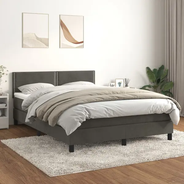 Gossi pat box spring cu saltea, gri inchis, 140x190 cm, catifea