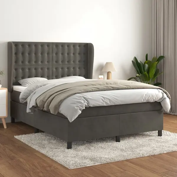 Gossi pat box spring cu saltea, gri inchis, 140x190 cm, catifea