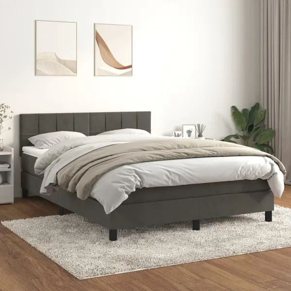 Gossi pat box spring cu saltea, gri inchis, 140x200 cm, catifea