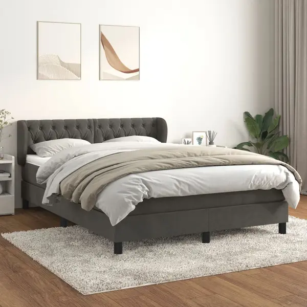 Gossi pat box spring cu saltea, gri inchis, 140x200 cm, catifea