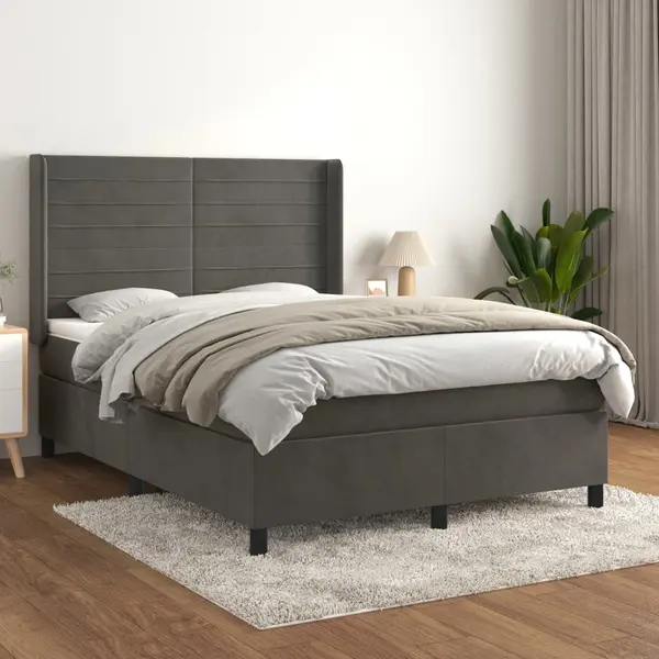 Gossi pat box spring cu saltea, gri inchis, 140x200 cm, catifea