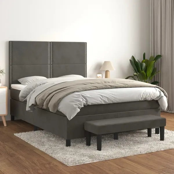 Gossi pat box spring cu saltea, gri inchis, 140x200 cm, catifea