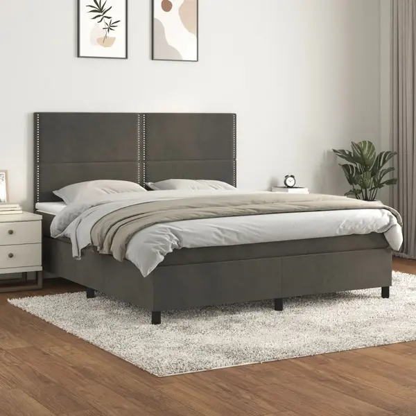 Gossi pat box spring cu saltea, gri inchis, 160x200 cm, catifea