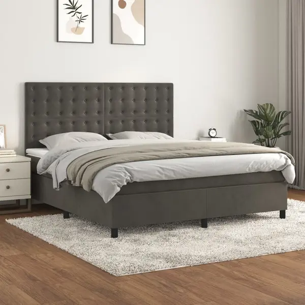 Gossi pat box spring cu saltea, gri inchis, 160x200 cm, catifea