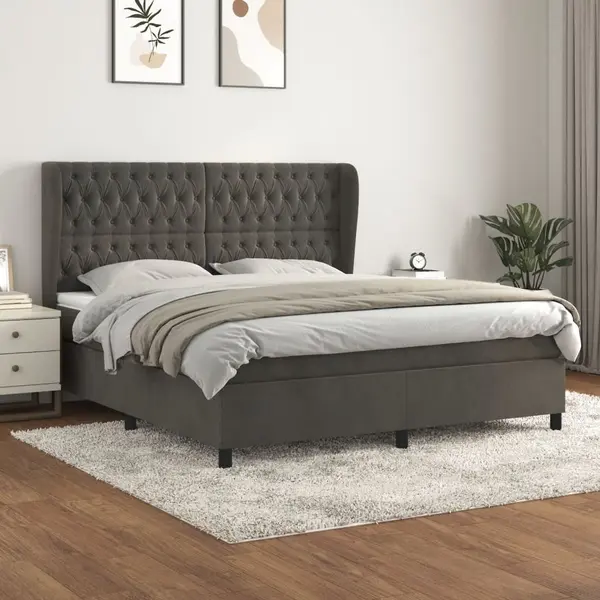 Gossi pat box spring cu saltea, gri inchis, 160x200 cm, catifea