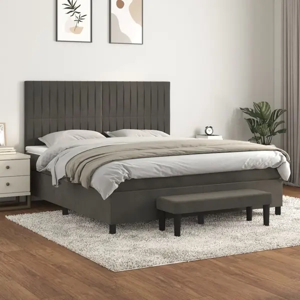 Gossi pat box spring cu saltea, gri inchis, 160x200 cm, catifea