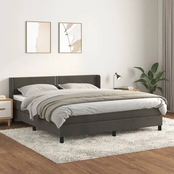 Gossi pat box spring cu saltea, gri inchis, 160x200 cm, catifea