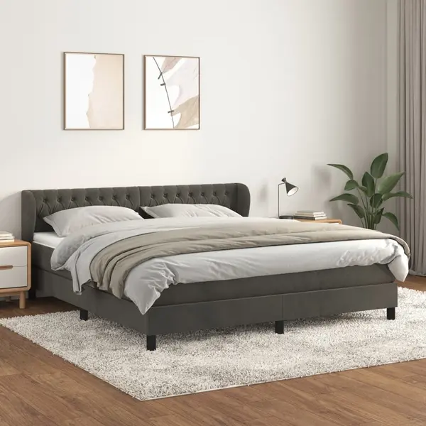 Gossi pat box spring cu saltea, gri inchis, 160x200 cm, catifea