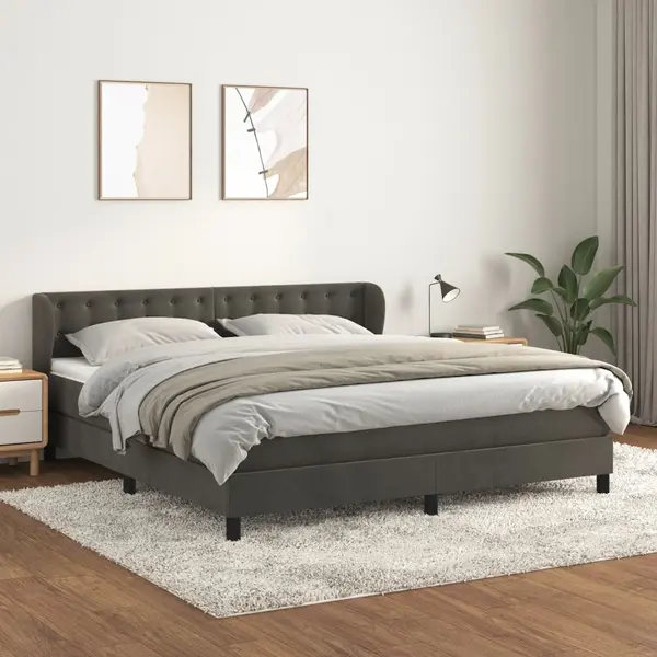 Gossi pat box spring cu saltea, gri inchis, 160x200 cm, catifea