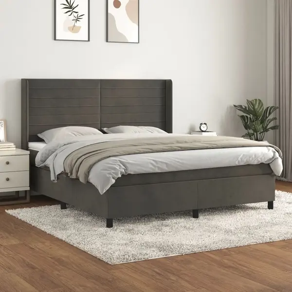 Gossi pat box spring cu saltea, gri inchis, 160x200 cm, catifea