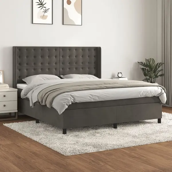 Gossi pat box spring cu saltea, gri inchis, 160x200 cm, catifea
