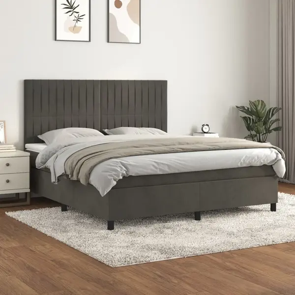 Gossi pat box spring cu saltea, gri inchis, 180x200 cm, catifea