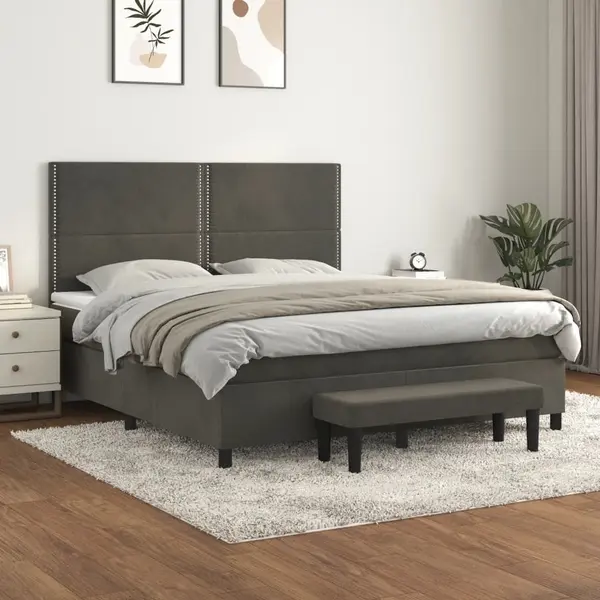 Gossi pat box spring cu saltea, gri inchis, 180x200 cm, catifea