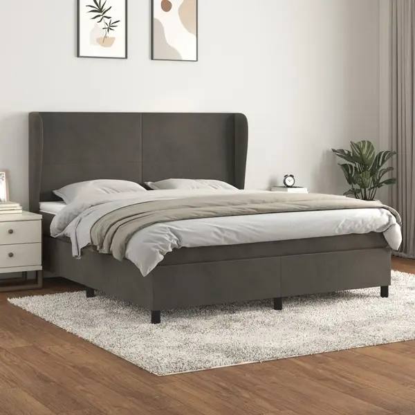 Gossi pat box spring cu saltea, gri inchis, 180x200 cm, catifea