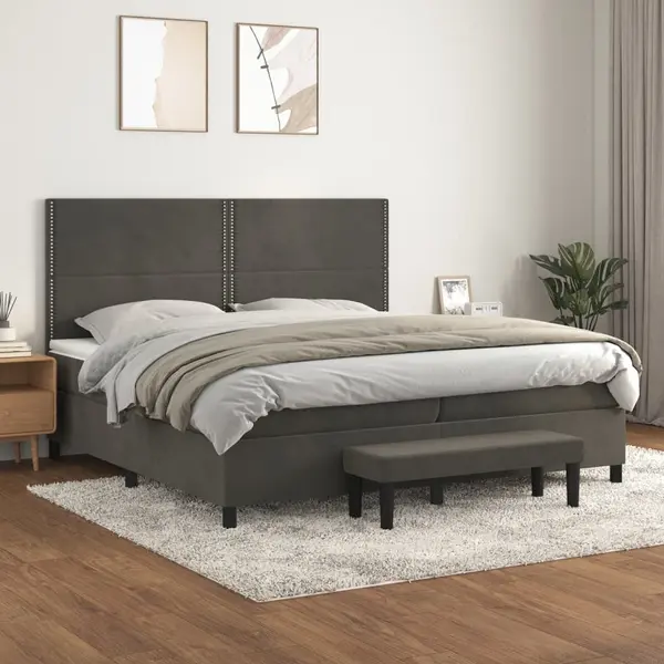 Gossi pat box spring cu saltea, gri inchis, 200x200 cm, catifea