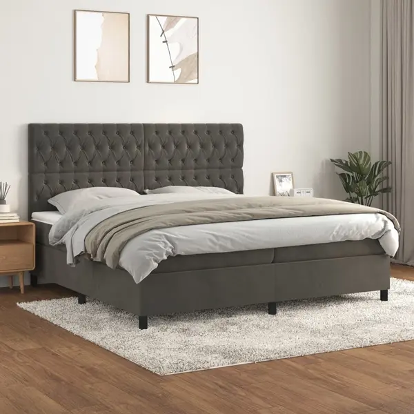 Gossi pat box spring cu saltea, gri inchis, 200x200 cm, catifea