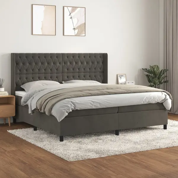 Gossi pat box spring cu saltea, gri inchis, 200x200 cm, catifea