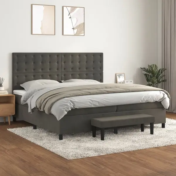 Gossi pat box spring cu saltea, gri inchis, 200x200 cm, catifea