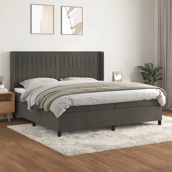 Gossi pat box spring cu saltea, gri inchis, 200x200 cm, catifea