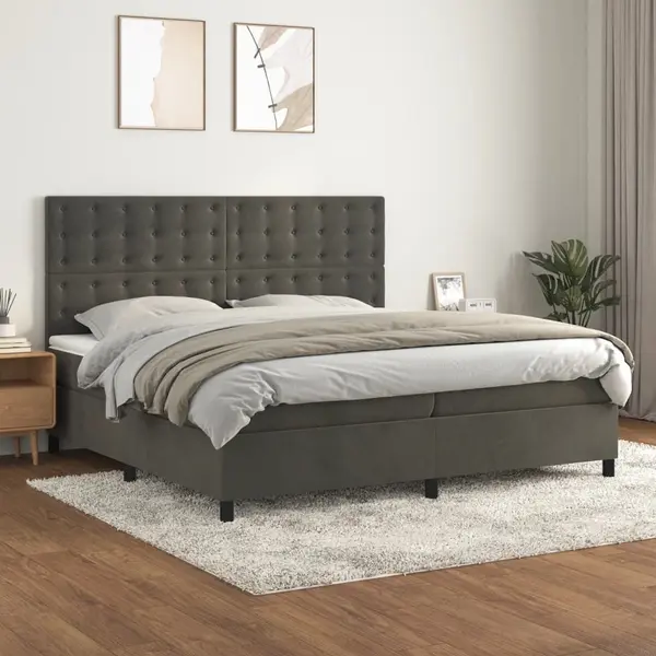 Gossi pat box spring cu saltea, gri inchis, 200x200 cm, catifea