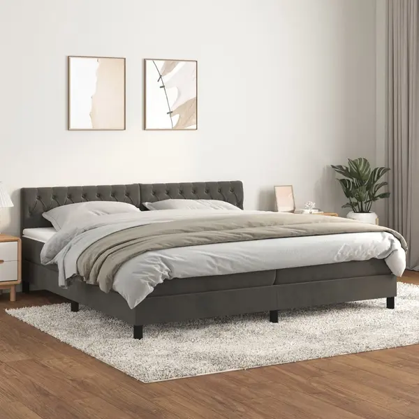 Gossi pat box spring cu saltea, gri inchis, 200x200 cm, catifea