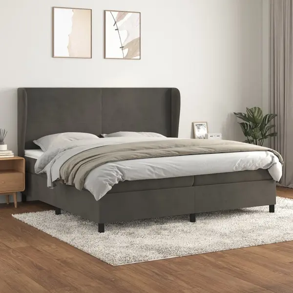 Gossi pat box spring cu saltea, gri inchis, 200x200 cm, catifea