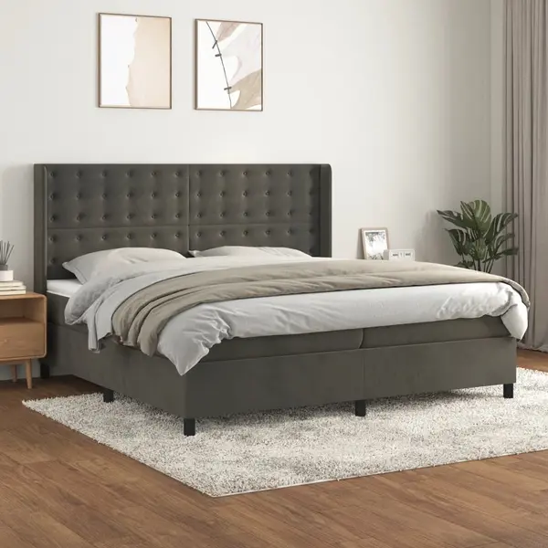 Gossi pat box spring cu saltea, gri inchis, 200x200 cm, catifea