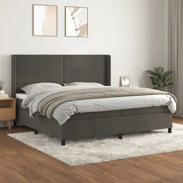 Gossi pat box spring cu saltea, gri inchis, 200x200 cm, catifea