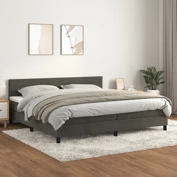 Gossi pat box spring cu saltea, gri inchis, 200x200 cm, catifea
