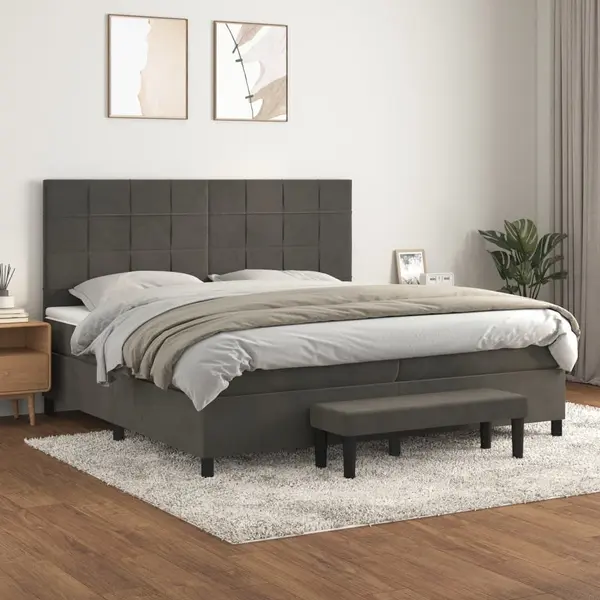 Gossi pat box spring cu saltea, gri inchis, 200x200 cm, catifea