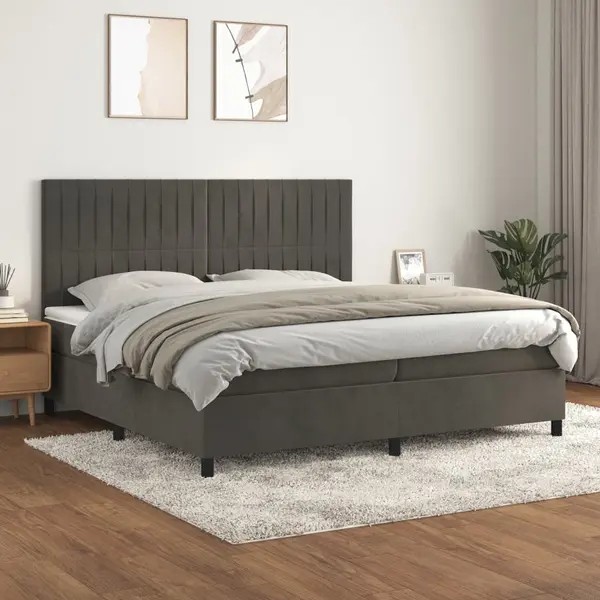 Gossi pat box spring cu saltea, gri inchis, 200x200 cm, catifea