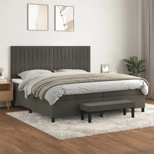 Gossi pat box spring cu saltea, gri inchis, 200x200 cm, catifea