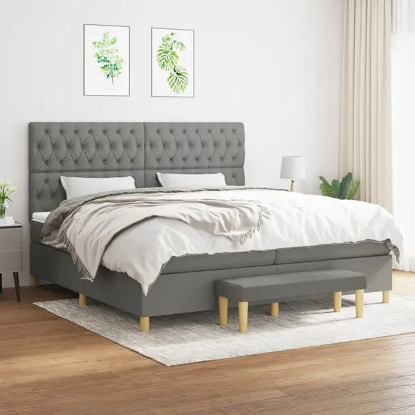 Gossi pat box spring cu saltea, gri inchis, 200x200 cm, textil