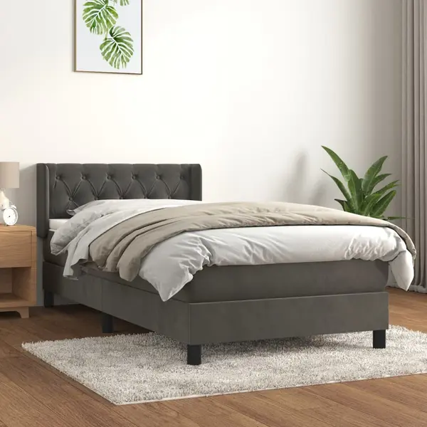 Gossi pat box spring cu saltea, gri inchis, 80x200 cm, catifea