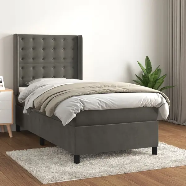Gossi pat box spring cu saltea, gri inchis, 80x200 cm, catifea